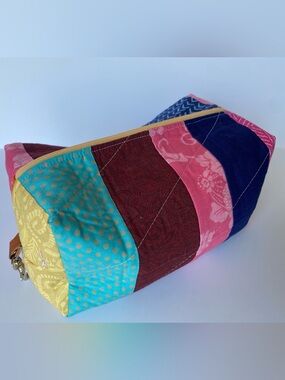 Patchwork Quilted Cosmetic Bag - Pink, Teal, Burgundy